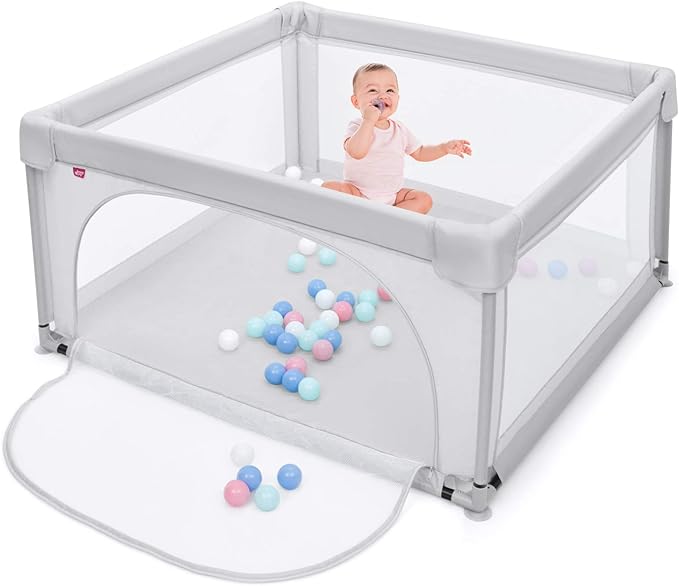 Box per Bambini, Centro Attivit¨¤ Portatile con Cancelli di Sicurezza, con Ventose Antiscivolo, Pareti a Rete Traspirante e 2 Anelli per Bambini, Cancello per Giocare con Palline (Grigio)