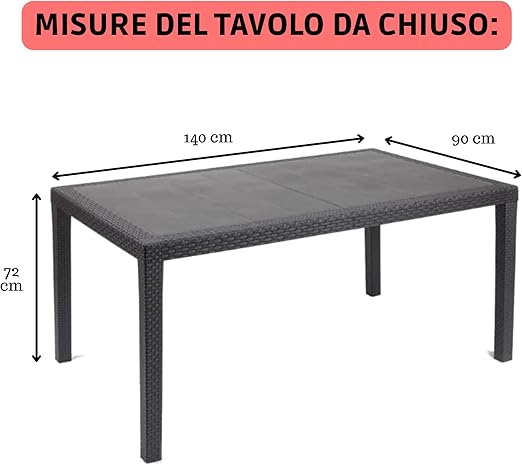 Tavolo da giardino 8 posti allungabile 150/240x90x72h cm in plastica effetto rattan colore antracite Tomaino