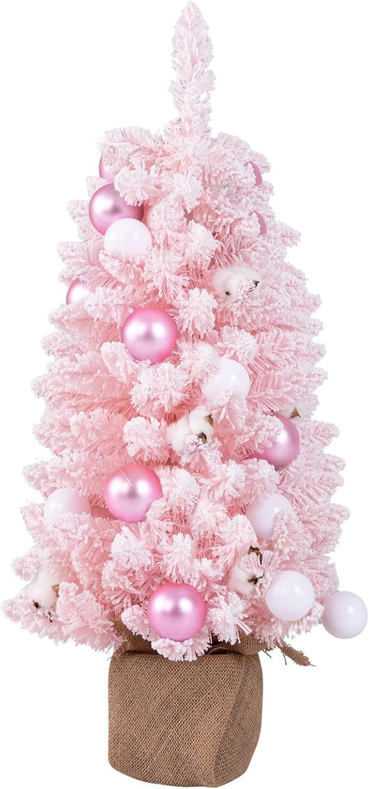 Albero di Natale Artificiale Mini 90 cm, Albero di Natale Innevato da Tavolo con 12 Palline di Cotone Naturale, 24 Palline Decorative e Rami Imbiancati, Decorazione per Feste (Rosa)