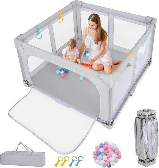 Box per Bambini 127 x 127 cm, Recinto per Bambini Pieghevole in Tessuto Oxford con Rete Traspirante, Box con Giochi che Include 50 Palline, 4 Pezzi Anelli e Borsa (Grigio, 127 x 127 cm)