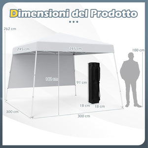 Gazebo Pop-up da Esterno 3 x 3 m, Gezebo Pieghevole con 1 Parete Laterale, Zaino Portatile e 4 Picchetti, Tendone Impermeabile e Resistente per Campeggio e Feste (Bianco)