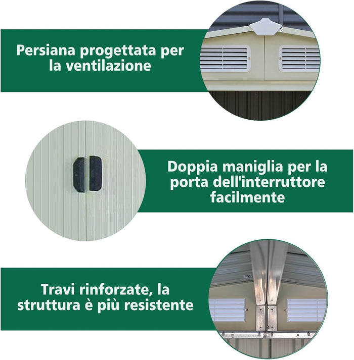Casetta Porta Attrezzi, Capanni da Esterno con Porta Scorrevole e Tetto a Sella Galvanizzato con Ventilazione, Capannone da Giardino e Cortile, 257 x 205 x 175,5 cm