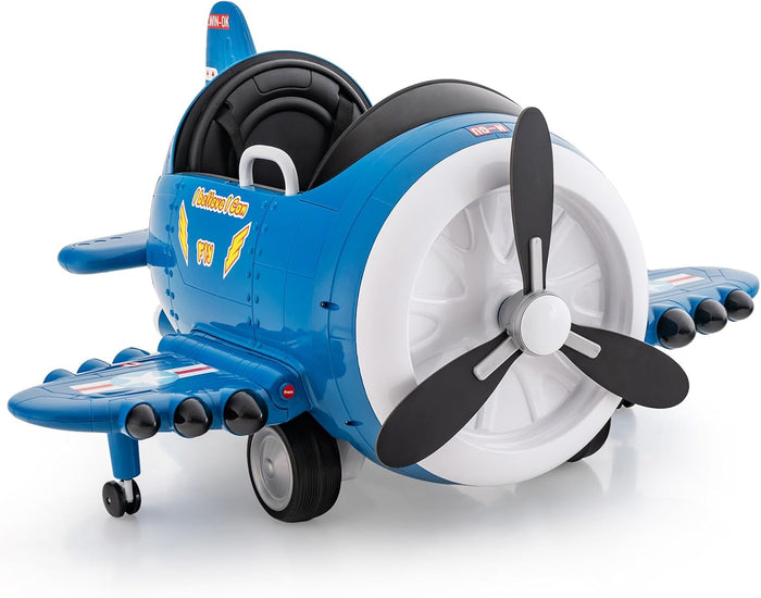 Macchina Elettrica a Forma di Aereo per Bambini, Aeroplano Elettrico Cavalcabile con Telecomando Alare Pieghevole e Elica Rotante, Cruscotto Illuminato, per Bambini 3 Anni+ (Blu)