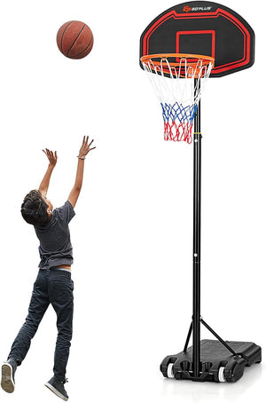 Canestro da Basket Bambini da Esterno, Canestro da Basket Regolabile in 5 Altezze e Portatile con Rete Durevole e Tabellone Infrangibile, 44,5 x 73,5 x 155-210 cm