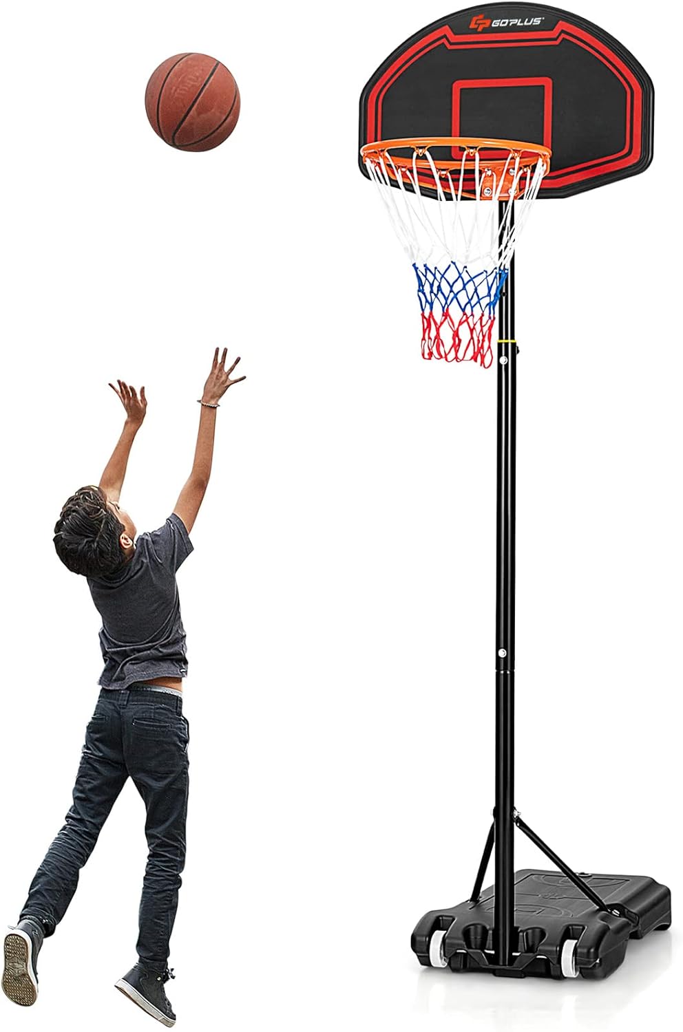 Canestro da Basket Bambini da Esterno, Canestro da Basket Regolabile in 5 Altezze e Portatile con Rete Durevole e Tabellone Infrangibile, 44,5 x 73,5 x 155-210 cm