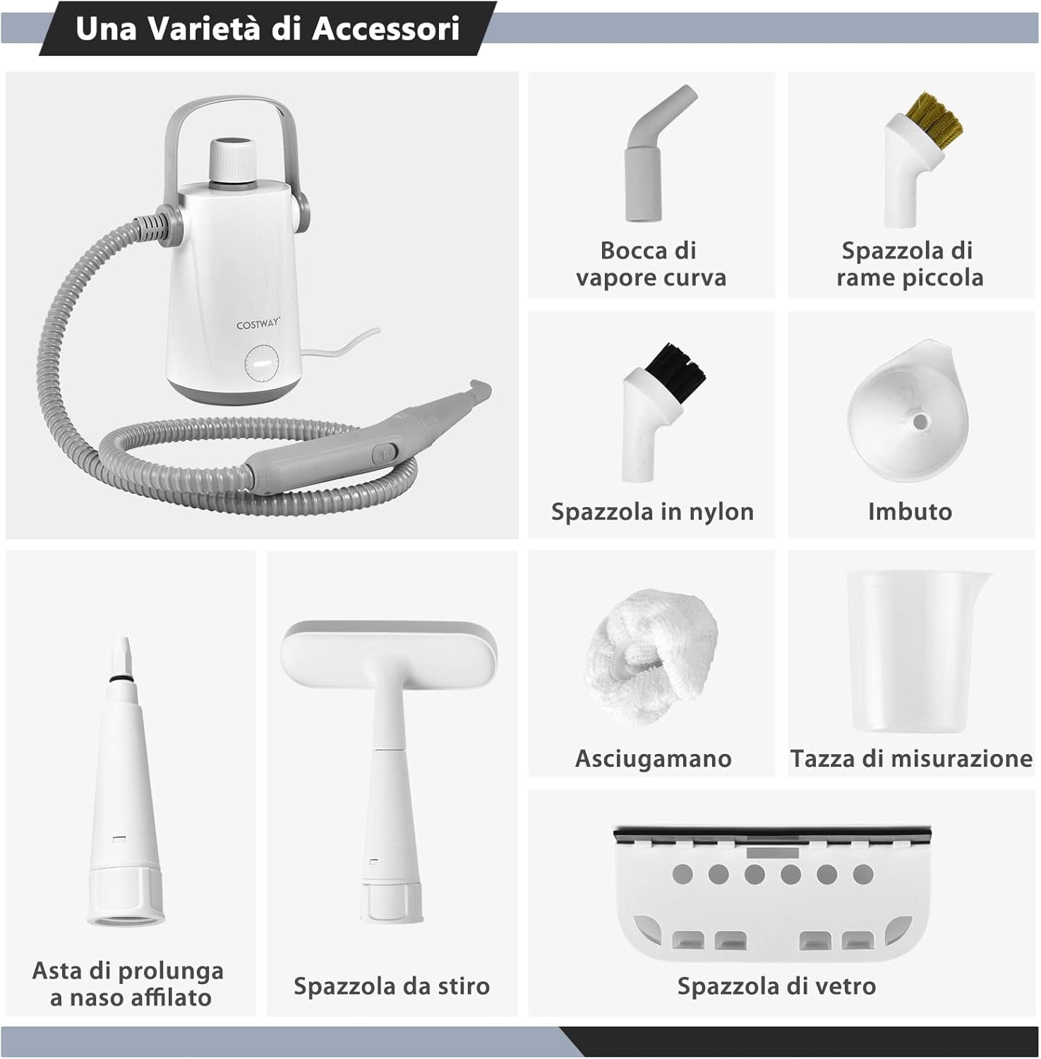 1000W Pulitore a Vapore Multiuso, Macchina a Vapore Portatile con 10 Accessori Serbatoio da 300 ml, Pulizia a Vapore con Tubo Flessibile per Cucina Bagno Finestre (Grigio)