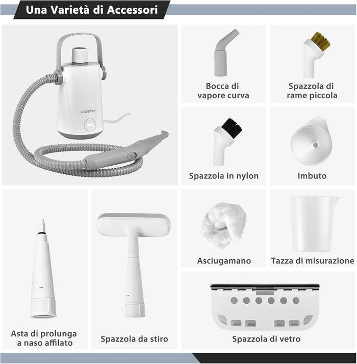 1000W Pulitore a Vapore Multiuso, Macchina a Vapore Portatile con 10 Accessori Serbatoio da 300 ml, Pulizia a Vapore con Tubo Flessibile per Cucina Bagno Finestre (Grigio)
