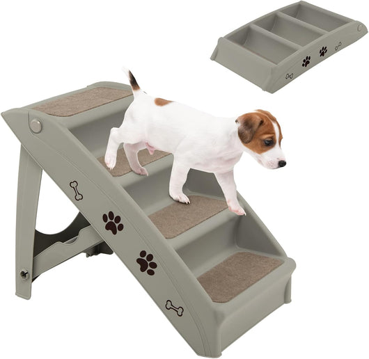 Scaletta Pieghevole per Animali, Scala di Plastica con 4 Gradini per Interno ed Esterno, con Feltro Morbido, Ideale per Animali di Piccola e Media Taglia, Capacità di Carico: 60 kg (Grigio)