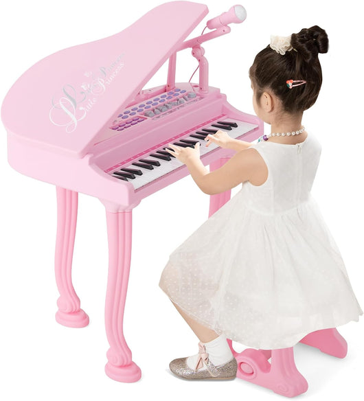 Pianoforte Elettronico per Bambini a 37 Tasti con Microfono e Sgabello, Tastiera Digitale Pianoforte a Coda Giocattolo Multifunzionale Portatile, Funzione di Registrazione e Riproduzione ,Rosa