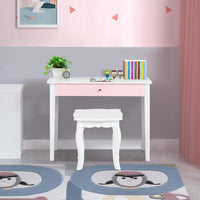 Toeletta Trucco per Bambina, Specchiera Trittica per Ragazza in Legno Robusto con Sgabello e Cassetto, Postazione Trucco 2 in 1 per Cameretta e Cmera da Letto, 95x70x34cm(Bianco)