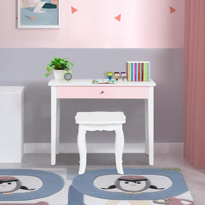Toeletta Trucco per Bambina, Specchiera Trittica per Ragazza in Legno Robusto con Sgabello e Cassetto, Postazione Trucco 2 in 1 per Cameretta e Cmera da Letto, 95x70x34cm(Bianco)