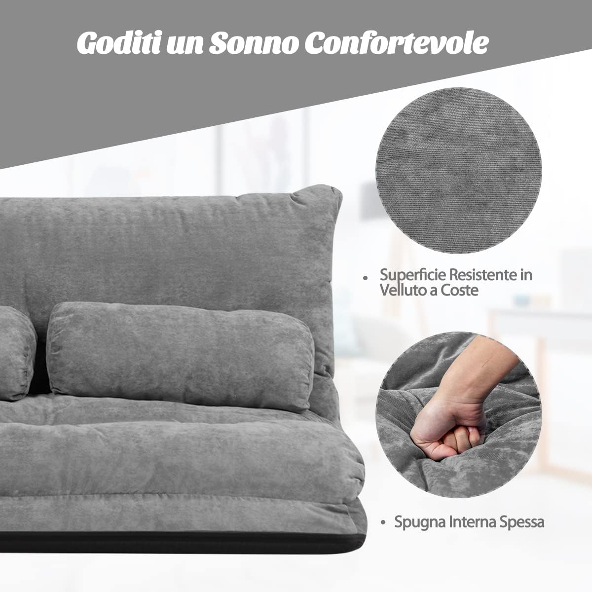 Divano da Terra, Divano Letto Multifunzionale Regolabile in 6 Posizioni con 2 Cuscini, con Fodera in Camoscio per Camera da Letto Salone Balcone (Grigio 156x173x24 cm)