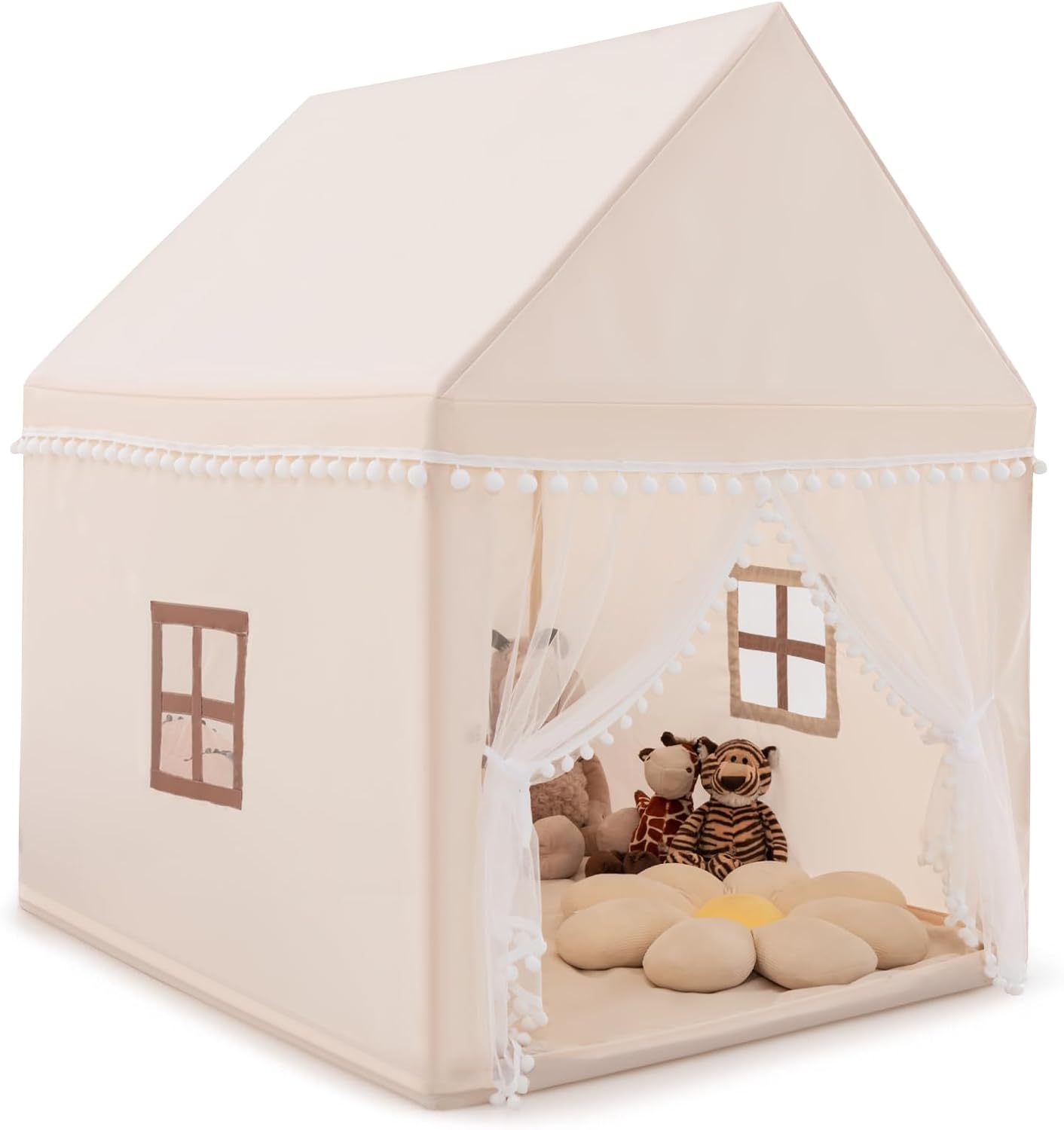 Tenda da Gioco Casetta per Bambini, Castello Giocattolo in Legno Cotone, con Struttura Stabile e Finestre Traspirabili, 105x120x140 cm (Beige)