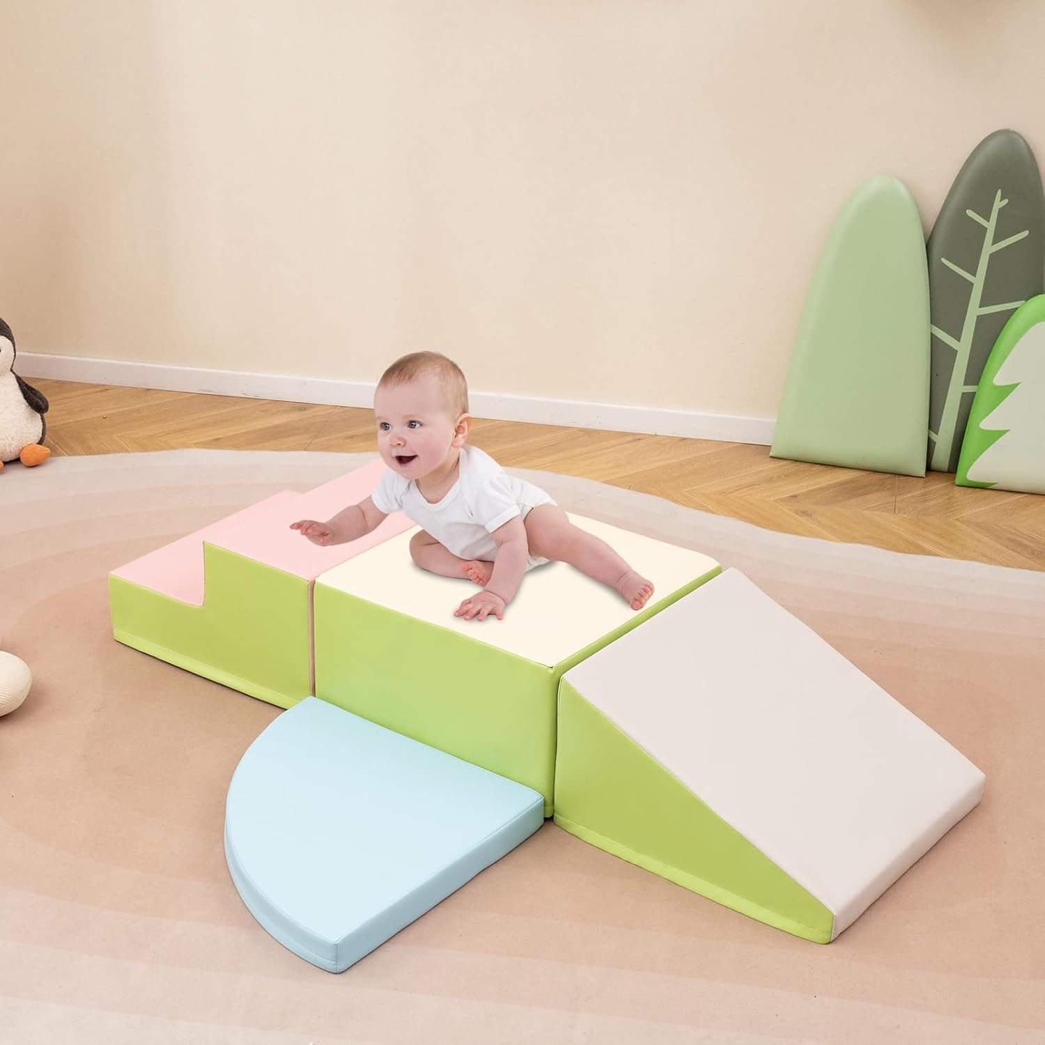 Set di Blocchi in Schiuma per Bambini 4 Pezzi, Set di Costruzioni Morbide in PU + EPE per Sviluppo dei Bambini, Gioco Attivo Interno per Arrampicarsi e Gattonare (Rosa)