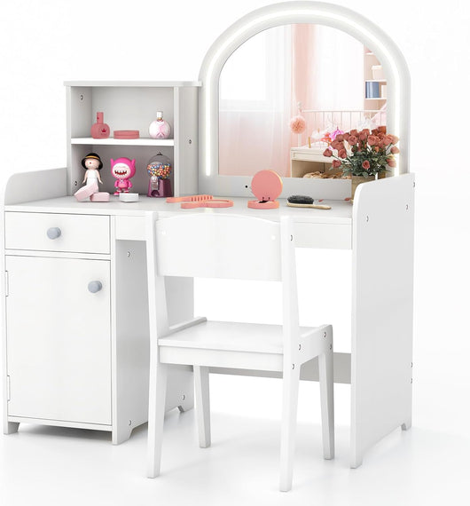 Toeletta Trucco 2 in 1 per Bambina, Specchiera per Ragazza in Legno con Mensole, Cassetto, Ripiani e Luci LED Regolabile, Postazione Trucco per 3 Anni, 80 x 40 x 94 cm (Bianco)