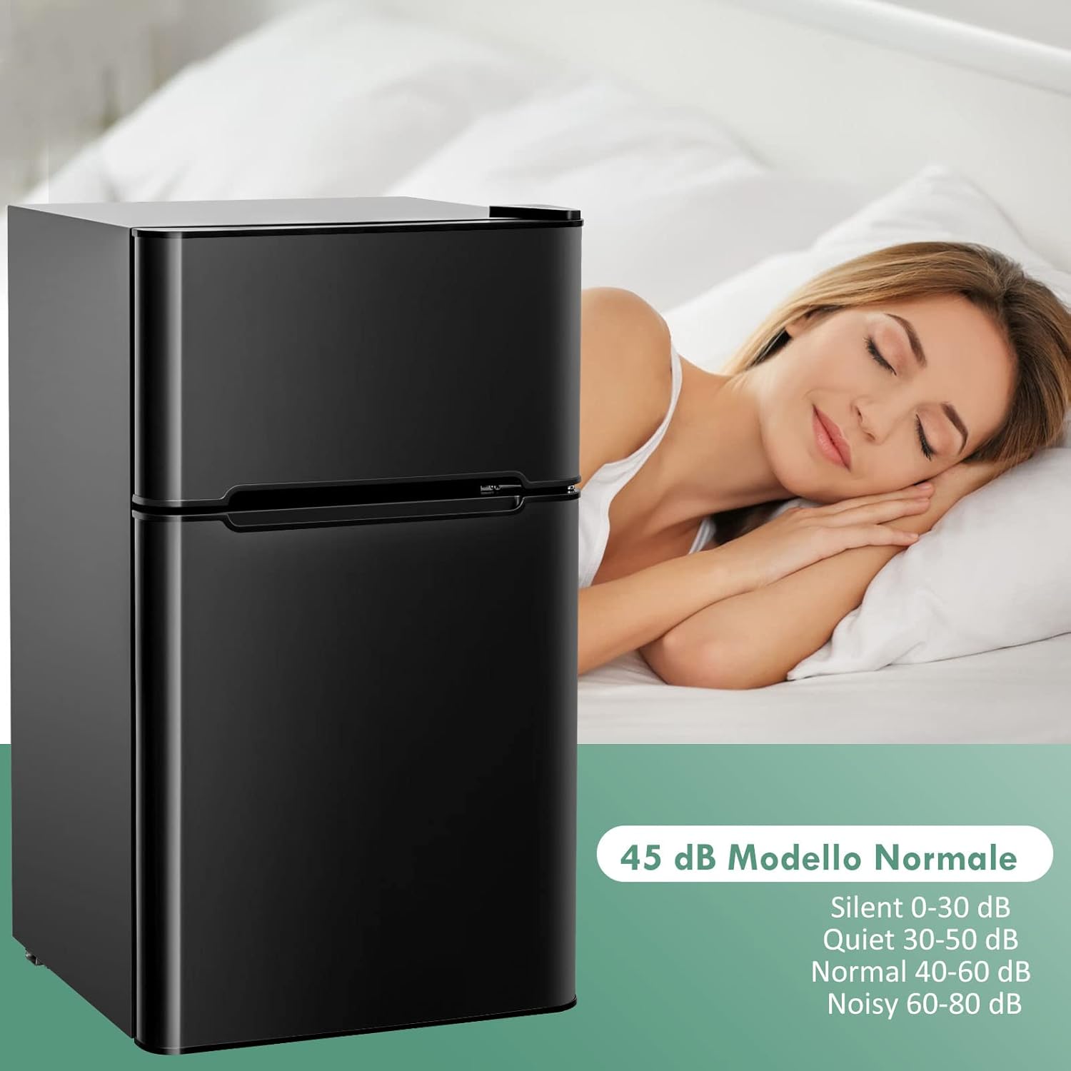Frigorifero 90 L (27+63), Freezer Separato con 2 Ante e Luce LED, Refrigerazione Rapida, Silenzioso, Mini Frigo per Ufficio Casa Bar Hotel, 220-240 V/50 Hz (Nero) [Classe di efficienza energetica E]