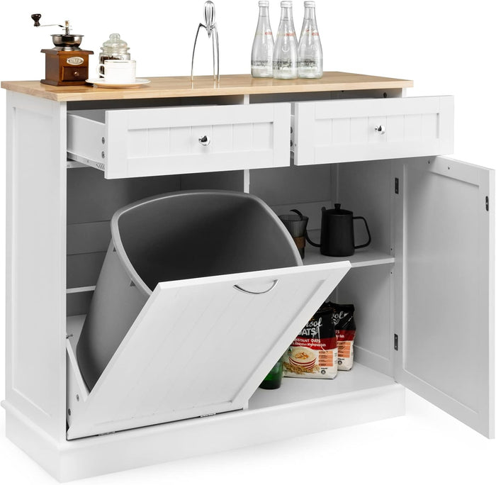 Credenza Cucina con 42L Pattumiera, Mobile per Pattumiera Ribaltabile con Piano in Legno di Gomma 2 Cassetti e Ripiano Regolabile, 100x35,5x90 cm (Bianco)
