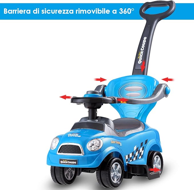 3 in 1 Macchina Cavalcabile a Spinta per Bambini, con Guardrail Staccabili e Maniglia Clacson, Spazio di Archiviazione Nascosto e Design Anti-ribaltamento, Ideale per Bambini 2-6 Anni (Blu)