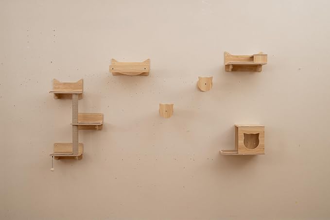 Mobili da Parete per Gatti a 6 Pezzi, Mensole a Muro con Amaca, Ciotola per Cibo e Acqua, Albero a 3 Livelli, Piattaforme, Scalini, Tiragraffi e Giocattolo, Parco Giochi da Interno (Modello 2)