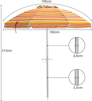 Ombrellone da Spiaggia 198 cm, Ombrello Parasole da Esterno con Palo Inclinabile in Alluminio, Ombrellone Portatile con Borsa di Trasporto, Anti UV 50+, 8 Stecche (Arancione e Giallo)