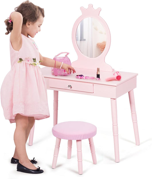 Toeletta Trucco per Bambina, Specchiera per Ragazzi in Legno Robusto, Postazione Trucco 2 in 1 Principessa con Cassetto, Sgabello e Specchio Staccabile, 70 x 34 x 100 cm (Rosa)