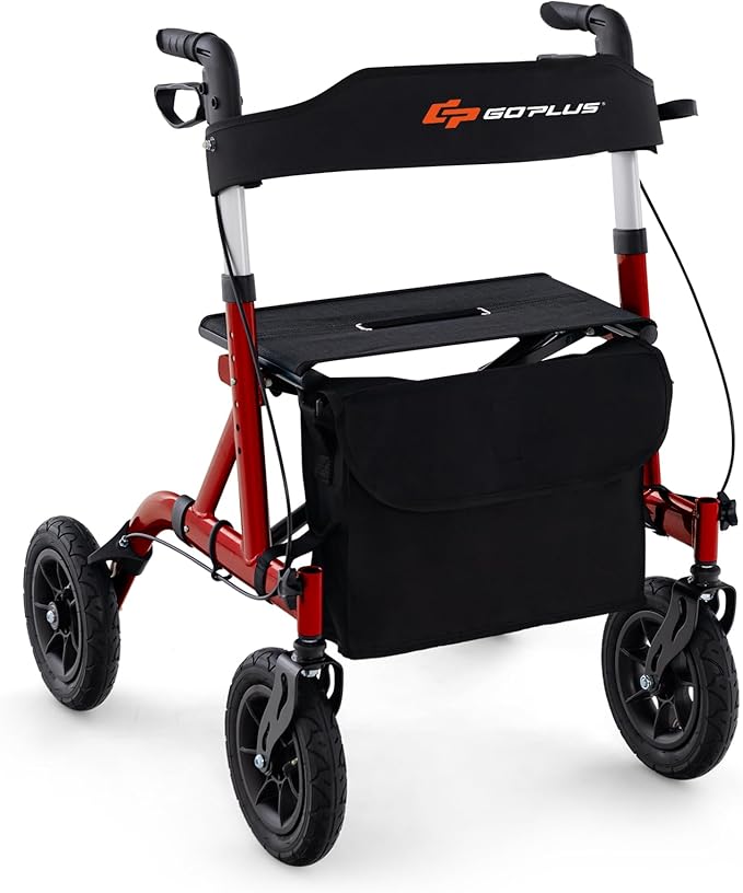 Deambulatore con Seduta 2 in 1, Rollator Pieghevole per Anziani con 4 Ruote, Maniglie Regolabili in Altezza 81-94cm, Portaombrelloni e Borsa Portaoggetti, Carico Massimo 160 kg (Rosso)