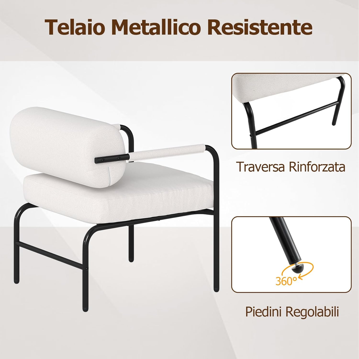 Poltrona da Salotto, Poltrona Ergonomica con Schienale Cilindrico e Braccioli in Metallo, Sedia Imbottita Laterale per Soggiorno, Camera da Letto e Sala Lettura, Portata 150 kg