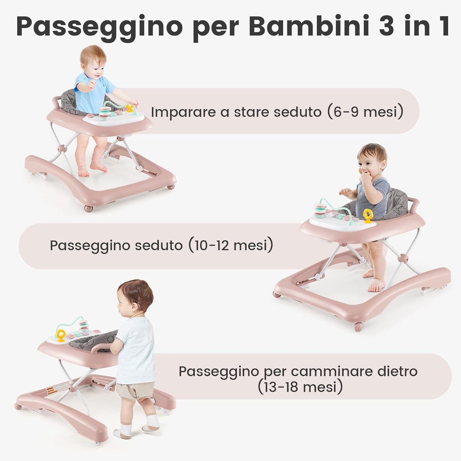 3 in 1 Girello per Bambini, Girello Pieghevole per Bambini, con 3 Altezze Regolabili, Sedile Imbottito e Piatto Giocattolo Rimovibile, Girello a Spinta con Ruote, per Bambini 6+ Mesi (Rosa)