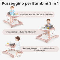 3 in 1 Girello per Bambini, Girello Pieghevole per Bambini, con 3 Altezze Regolabili, Sedile Imbottito e Piatto Giocattolo Rimovibile, Girello a Spinta con Ruote, per Bambini 6+ Mesi (Rosa)