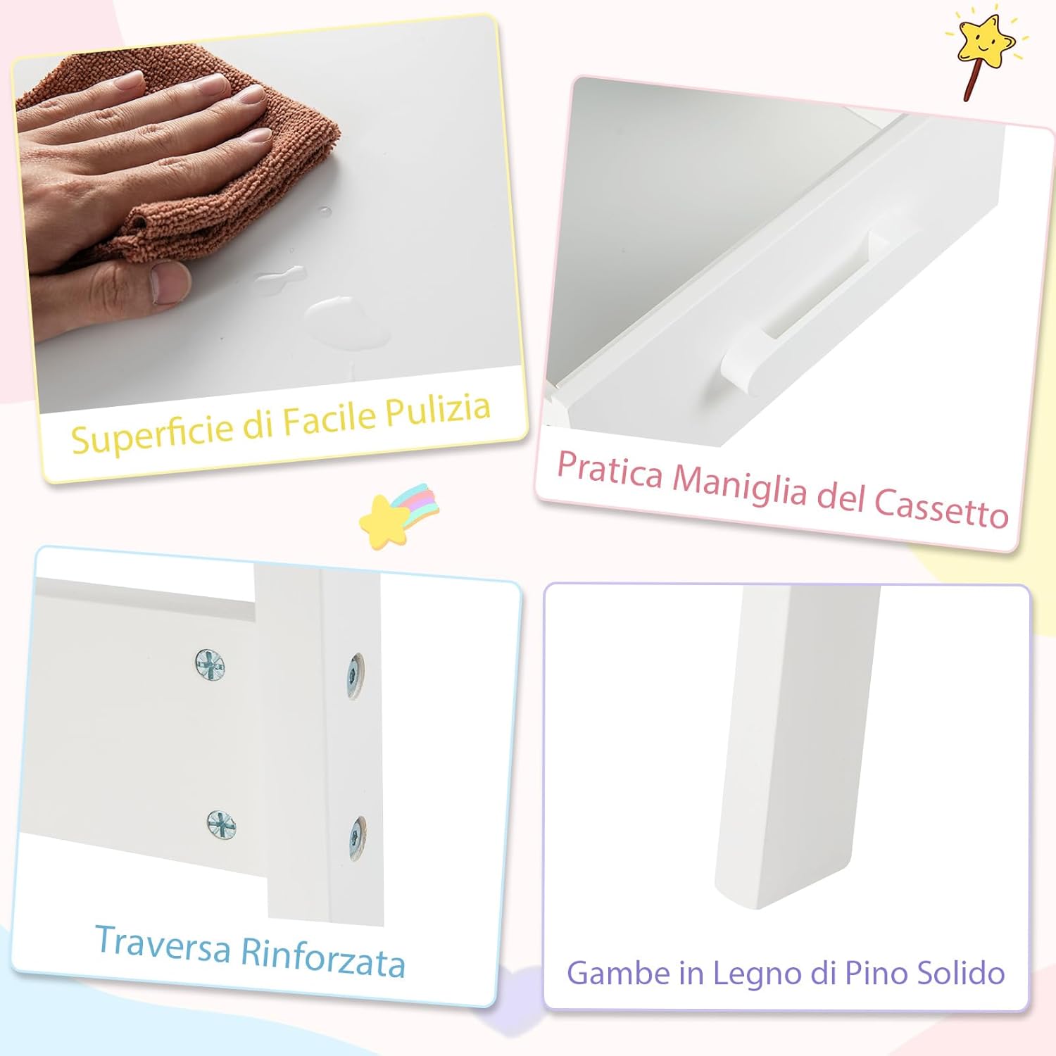 Set Tavolo e Seide per bambini in Legno, Scrivania e Sedia con Cassetto e Scomparto, Tavolino e Sedia per Cameretta, Soggiorno e Scuola (Bianco)