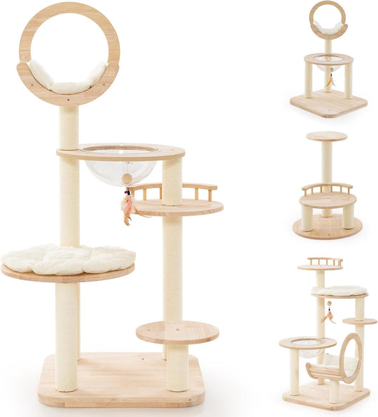 Tiragraffi per Gatti 4-in-1, Albero per Gatti in Legno di Quercia a Blocchi con Capsula Spaziale, Tiragraffi in Sisal, Piattaforma Imbottita e Giocattolo Appeso, 60 x 60 x 146 cm