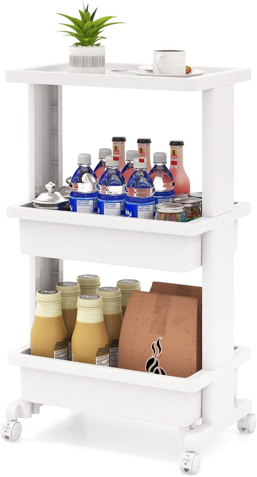 COSYTWAY Carrello da Cucina a 3 Piani, Carrello Portaoggetti in Plastica con Ruote Bloccabili, con Piano d'Appoggio, Carrello da Servizio Multifunzionale per Ufficio Cucina