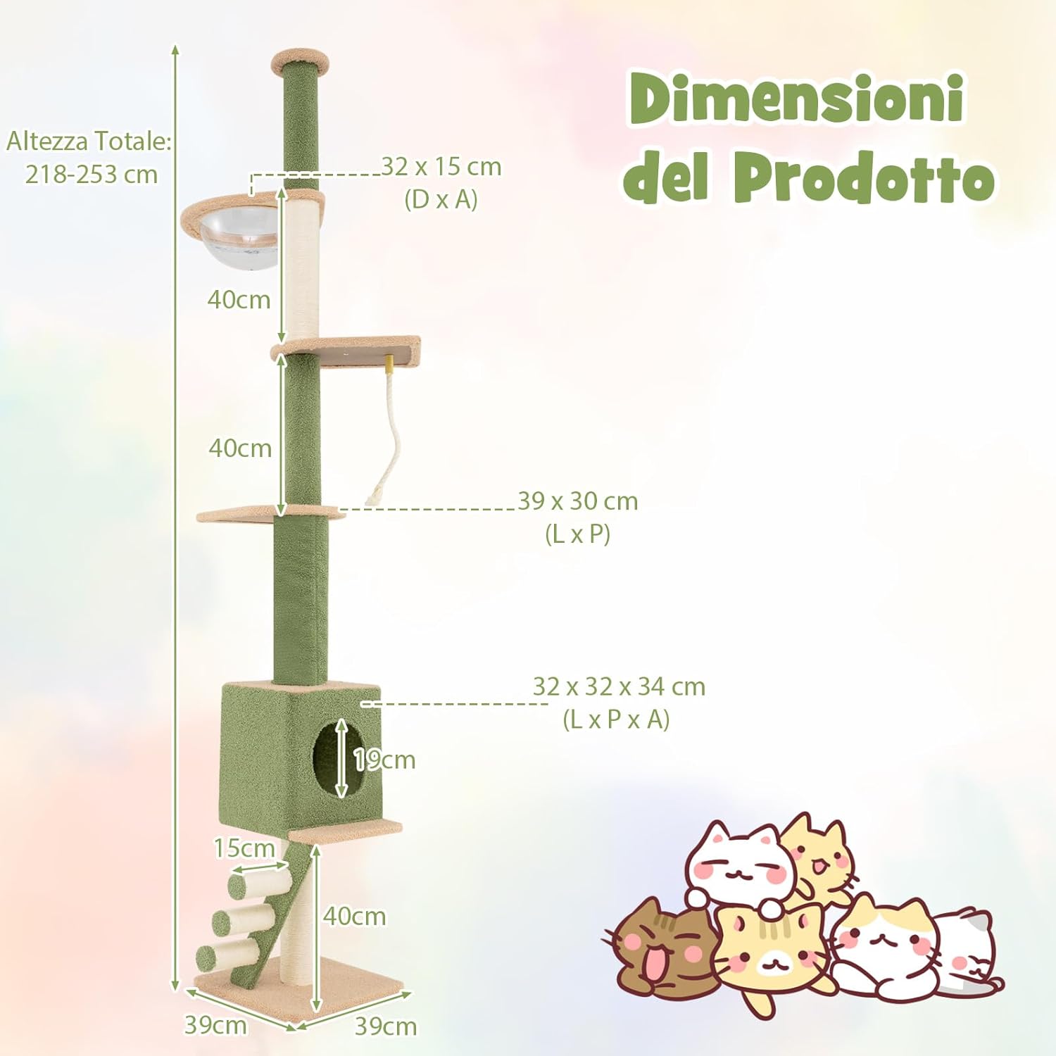 Tiragraffi per Gatti con Altezza Regolabile 218-253cm, Torre per Animali Domestici con 5 Livelli, Cordino, Pali in Sisal e Scala, Albero per Gatti, Verde