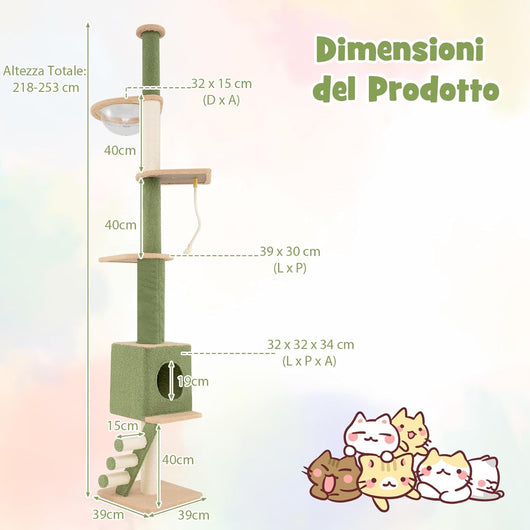 Tiragraffi per Gatti con Altezza Regolabile 218-253cm, Torre per Animali Domestici con 5 Livelli, Cordino, Pali in Sisal e Scala, Albero per Gatti, Verde