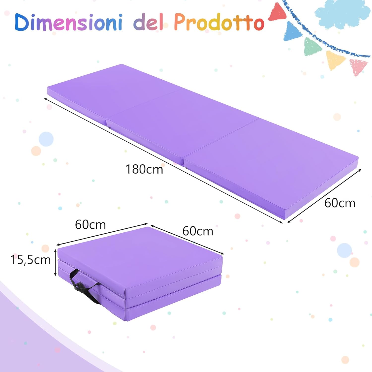 Tappetino da Yoga Spesso, Tappetino Fitness Pieghevole e Portatile con Imbottitura in EPE, Cerniera e Maniglie, Materassino Allenamento da Casa e Palestra,180 x 60 x 5 cm