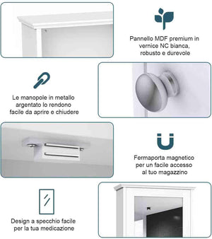 Armadio a Specchio da Bagno a 2 Ripiani, Armadietto Mobiletto per Bagno da Muro, Mensola Regolabile, 34 x 15 x 51cm (Bianco)