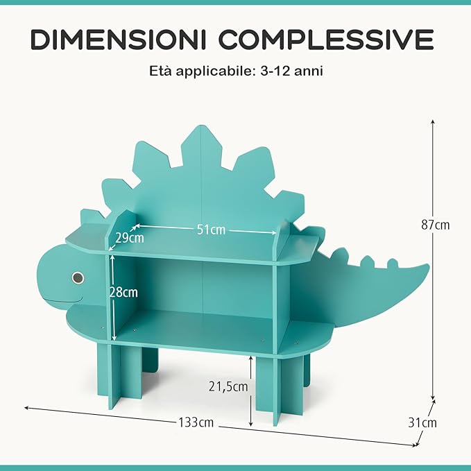 Libreria in Legno per Bambini, Organizzatore di Archiviazione Giocattoli con Ripiani, Adorabile Scaffale con Anti-Ribaltamento per Stanza dei Bambini Sala Giochi Asilo (Dinosauro)