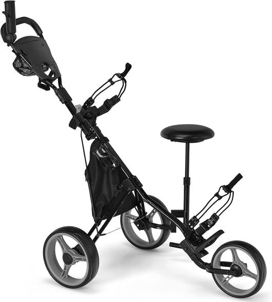 Carrello da Golf Pieghevole con 3 Ruote, Trolley da Golf Altezza Regolabile di Alluminio con Sedile, Porta Ombrello e Porta Bevande