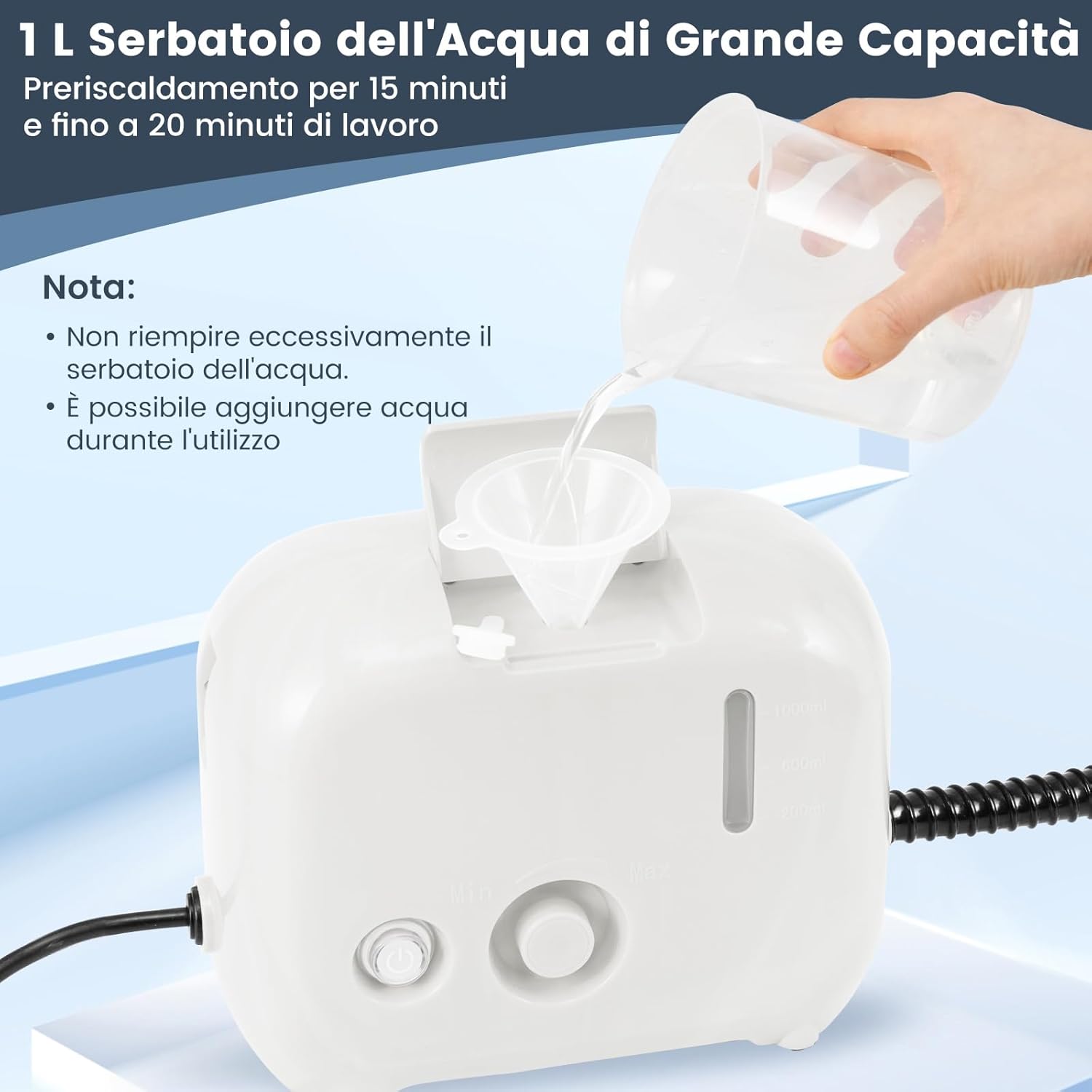 1500W Pulitore a Vapore Portatile, Vaporizzatore Domestico con Serbatoio d'Acqua 1 L (Sostenibile), Tempo Riscaldamento 10s, Macchina per Pulizia a Vapore Multiuso (Bianco)