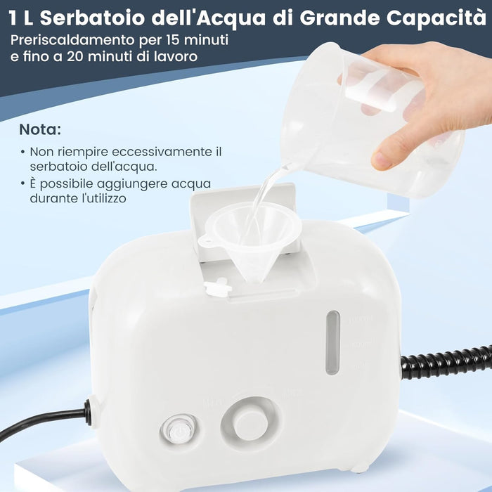 1500W Pulitore a Vapore Portatile, Vaporizzatore Domestico con Serbatoio d'Acqua 1 L (Sostenibile), Tempo Riscaldamento 10s, Macchina per Pulizia a Vapore Multiuso (Bianco)