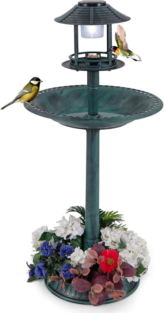 Mangiatoia Decorativa per Uccelli, Casetta per Uccellini da Esterno con Base per Fioriera, Lampada Solare, Decorazione Vintage da Giardino e Cortile (Bronzo, 50 x 50 x 107 cm)