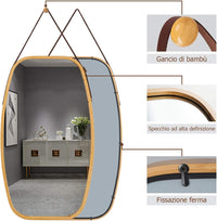 Specchio Ovale da Parete, Specchio Sospeso per Appendere, Cornice in bambù, Moderno, per Bagno Camera da Letto Soggiorno (77 x 44 x 1,5 cm)