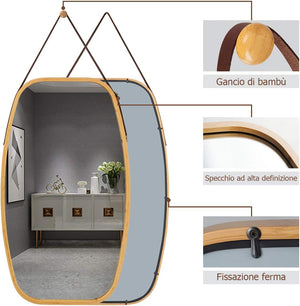Specchio Ovale da Parete, Specchio Sospeso per Appendere, Cornice in bambù, Moderno, per Bagno Camera da Letto Soggiorno (77 x 44 x 1,5 cm)