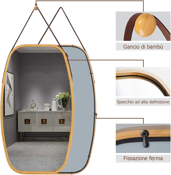 Specchio Ovale da Parete, Specchio Sospeso per Appendere, Cornice in bambù, Moderno, per Bagno Camera da Letto Soggiorno (77 x 44 x 1,5 cm)