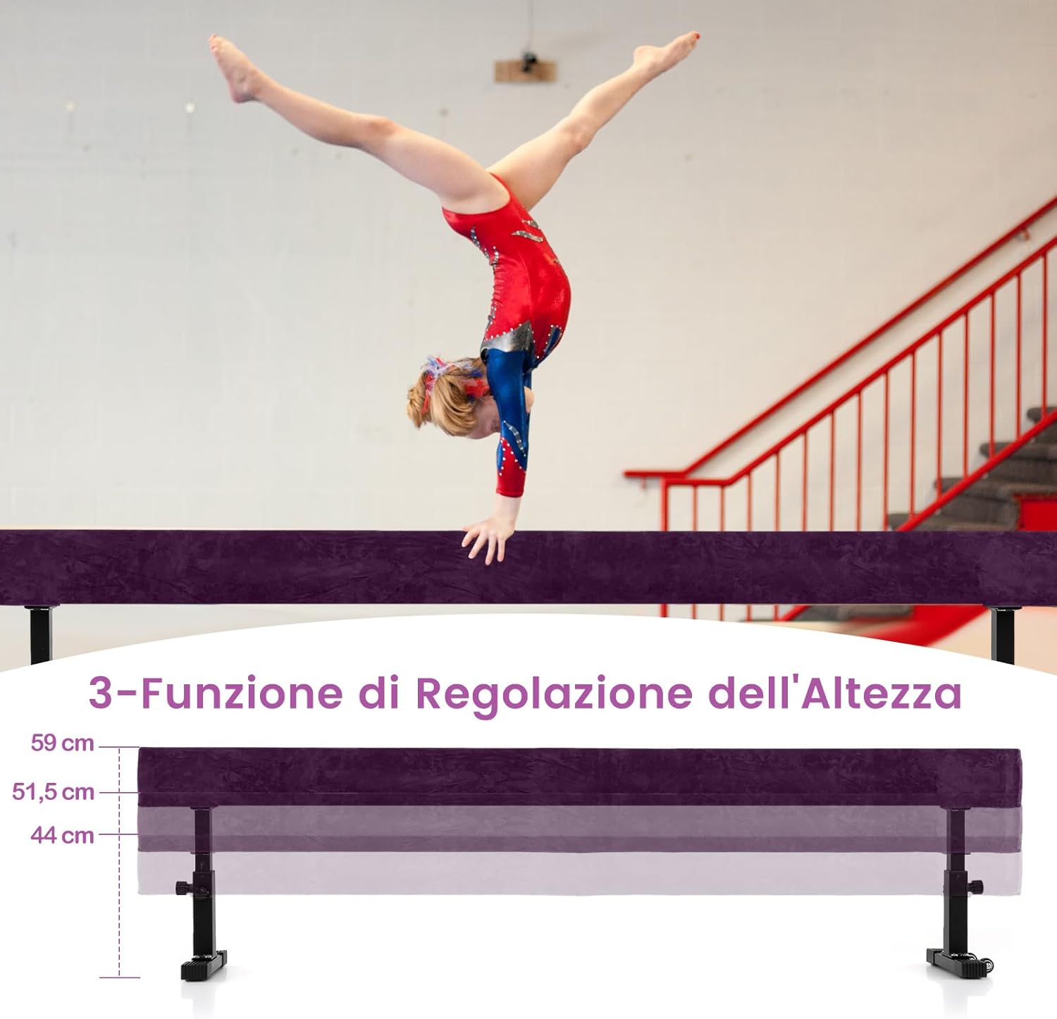 Trave Ginnastica Artistica per Casa Regolabile 226 cm, Trave di Equilibrio con Ruote e 3 Altezze Regolabili e Gambe Robuste per Principianti e Professionisti
