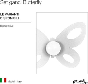 Set 2 ganci da parete Butterfly bianchi in acciaio, resistenti e decorativi per ingresso, bagno e camera, made in Italy