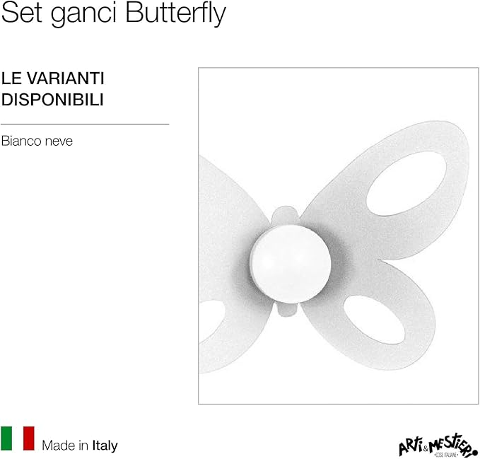 Set 2 ganci da parete Butterfly bianchi in acciaio, resistenti e decorativi per ingresso, bagno e camera, made in Italy