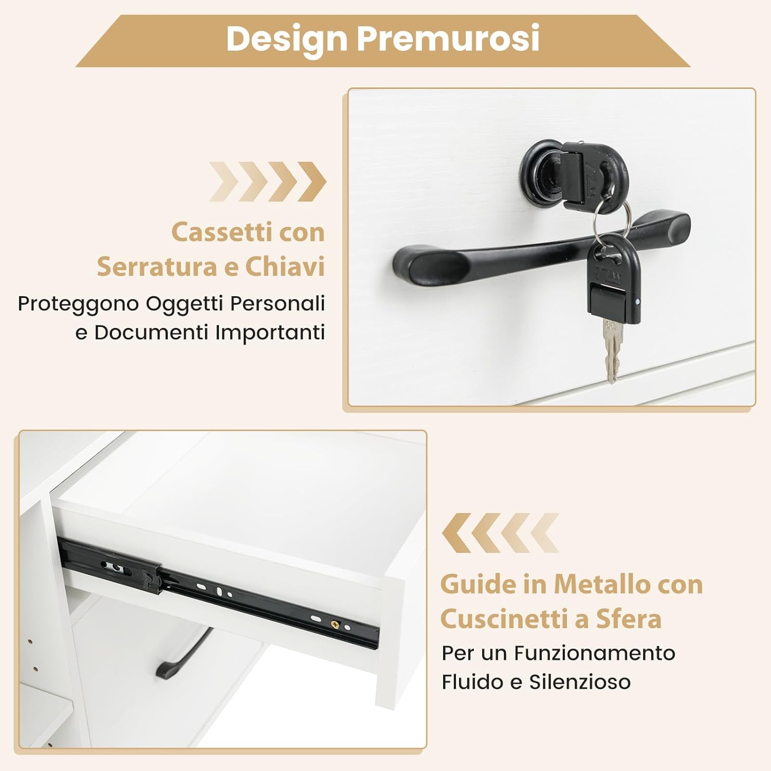 Armadietto Portadocumenti, Mobile da Ufficio Laterale con 4 Cassetti Adatto per File Formato A4/Lettera e 5 Ruote Universali Bloccabili, Credenza in Metallo per Scrivania (Bianco)