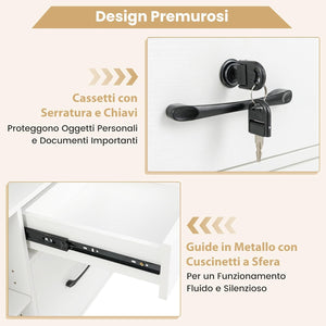 Armadietto Portadocumenti, Mobile da Ufficio Laterale con 4 Cassetti Adatto per File Formato A4/Lettera e 5 Ruote Universali Bloccabili, Credenza in Metallo per Scrivania (Bianco)