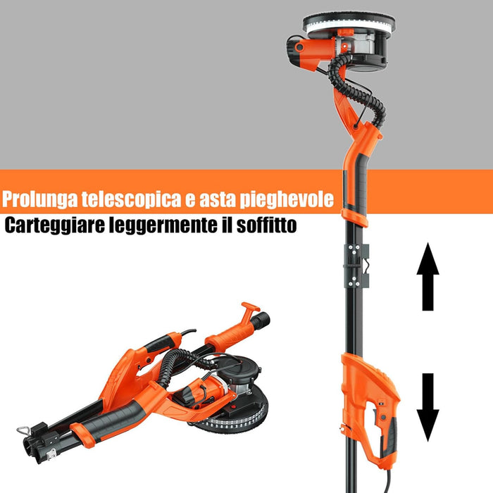 Levigatrice per Muro a Secco 750W, Levigatrice Elettrico per Cartongesso Pieghevole Estensibile, Velocità Regolabile 800-1750RPM, con Luci LED e 12 Dischi Abrasivi